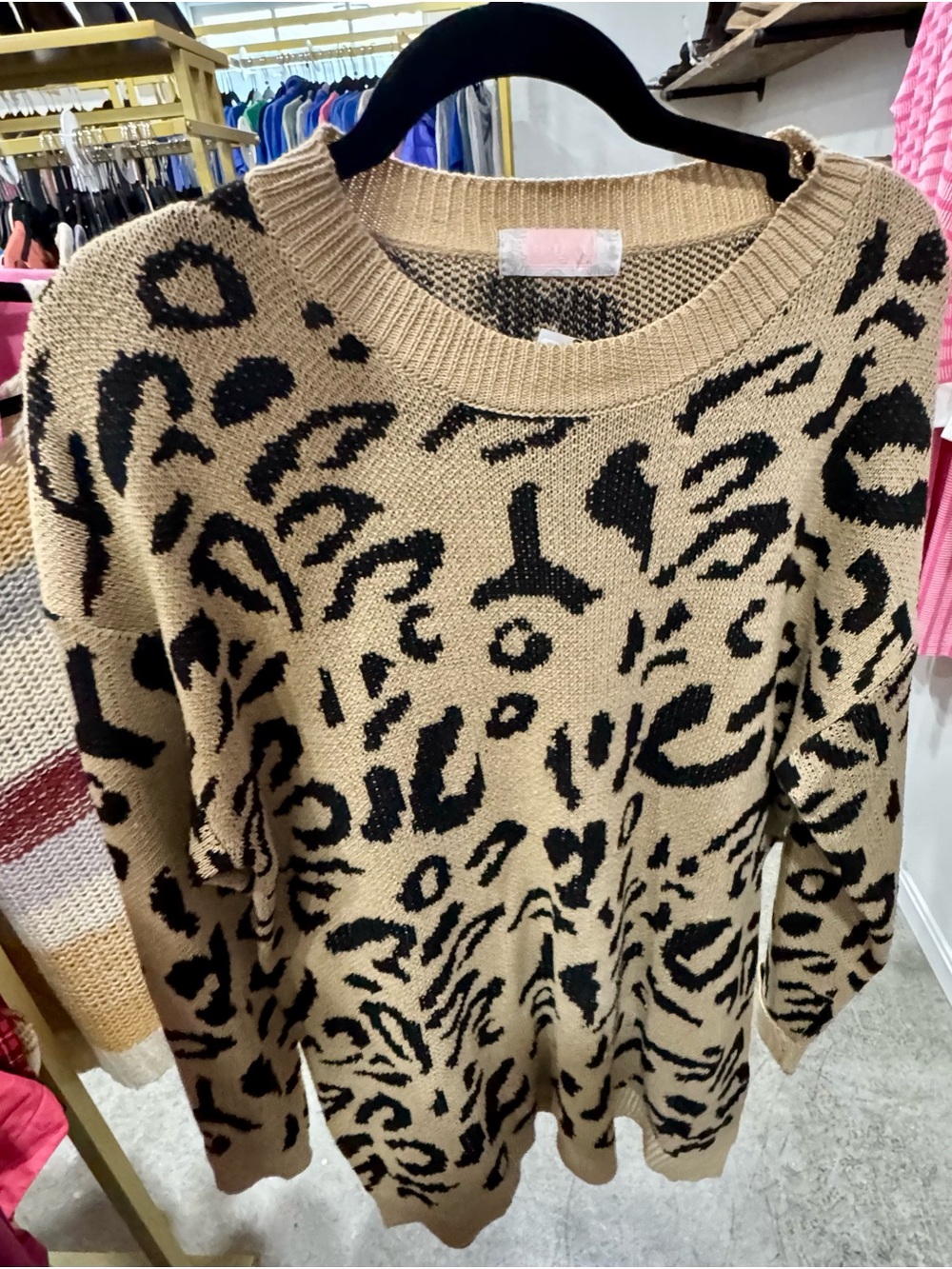 Women’s Tan Leopard Print Crewneck Sweater